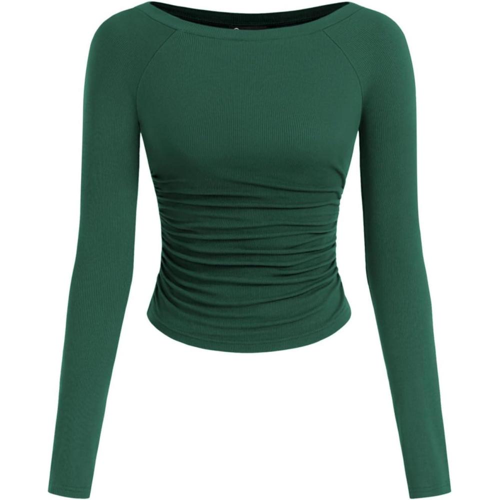 imagePRETTYGARDEN Long Sleeve Shirts for Women 2026 Fall Ruched Sides Boat Neck Basic Tee Casual Fitted Ribbed Knit Crop TopsDark Green