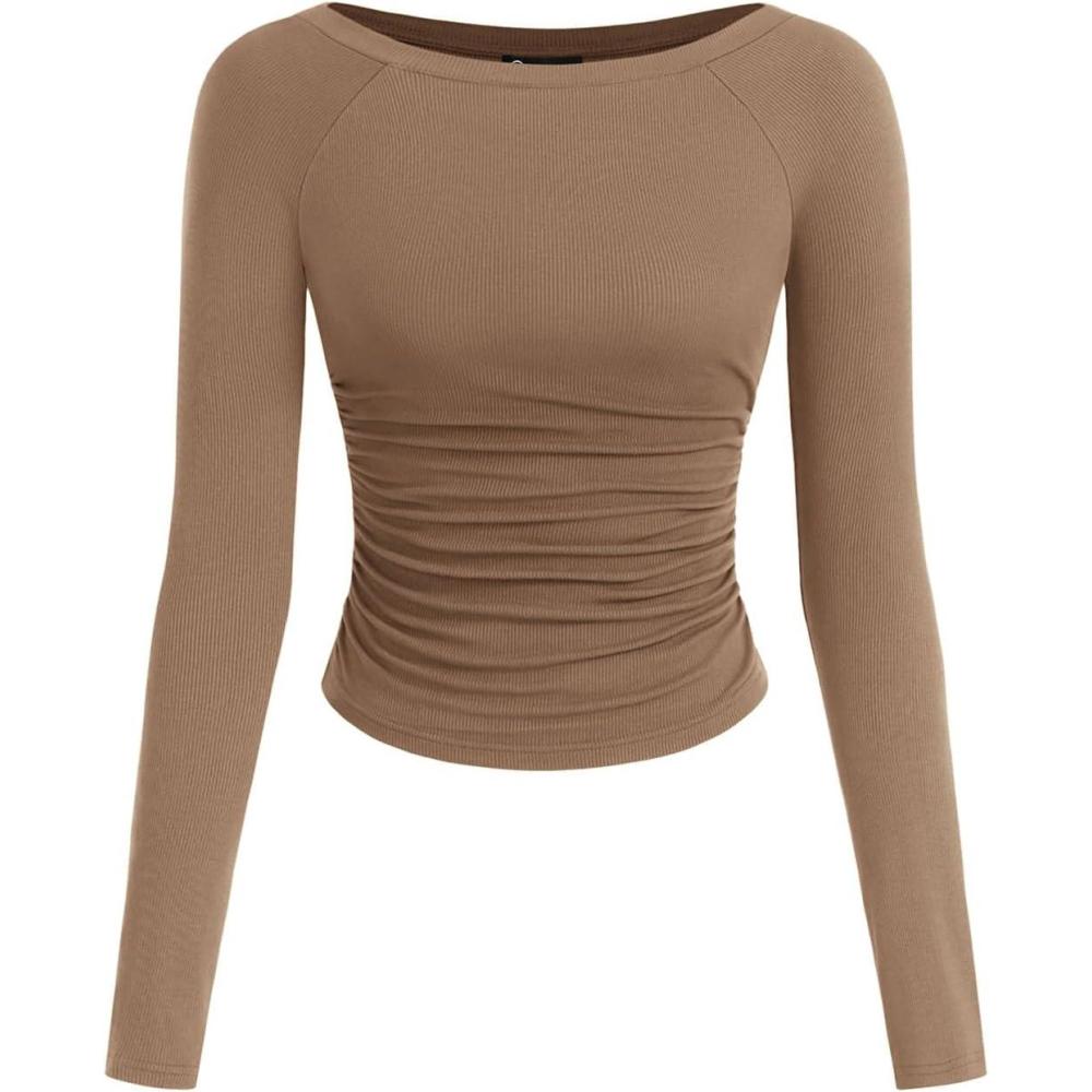 imagePRETTYGARDEN Long Sleeve Shirts for Women 2026 Fall Ruched Sides Boat Neck Basic Tee Casual Fitted Ribbed Knit Crop TopsKhaki