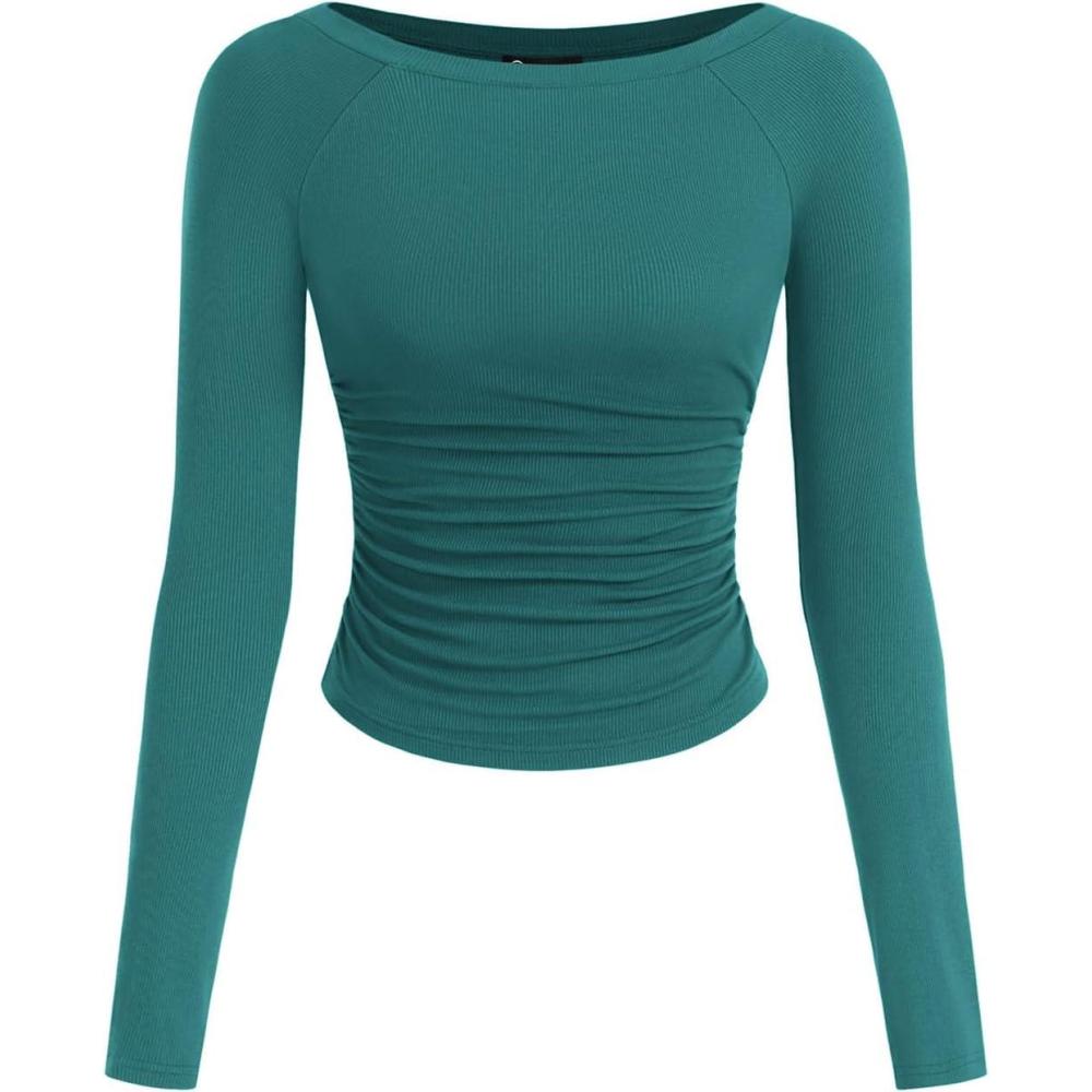 imagePRETTYGARDEN Long Sleeve Shirts for Women 2026 Fall Ruched Sides Boat Neck Basic Tee Casual Fitted Ribbed Knit Crop TopsLake Blue