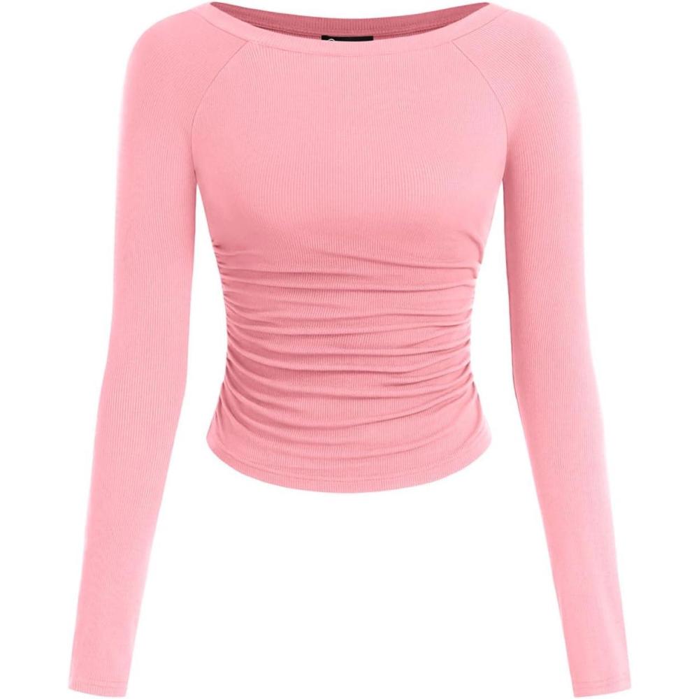 imagePRETTYGARDEN Long Sleeve Shirts for Women 2026 Fall Ruched Sides Boat Neck Basic Tee Casual Fitted Ribbed Knit Crop TopsLight Pink