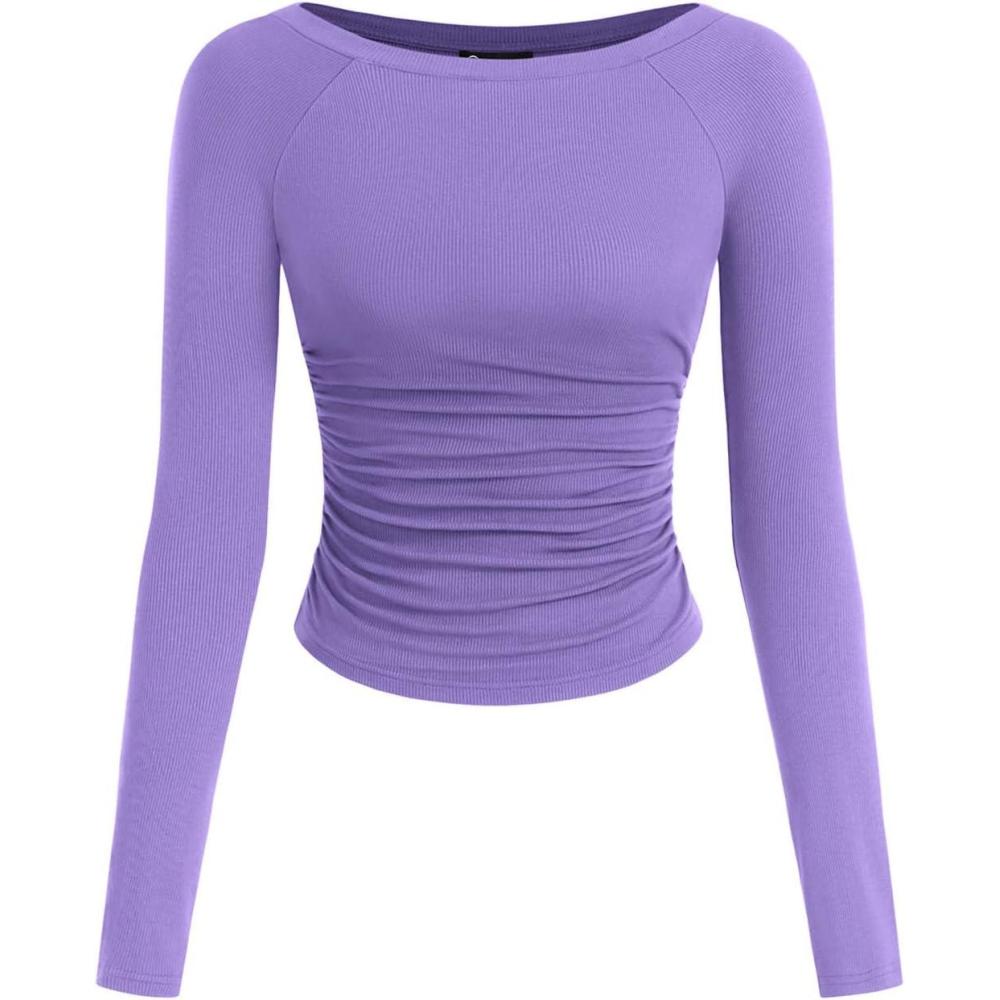 imagePRETTYGARDEN Long Sleeve Shirts for Women 2026 Fall Ruched Sides Boat Neck Basic Tee Casual Fitted Ribbed Knit Crop TopsPurple Grey