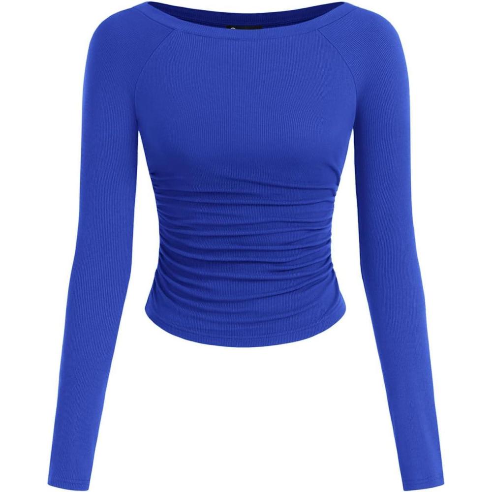 imagePRETTYGARDEN Long Sleeve Shirts for Women 2026 Fall Ruched Sides Boat Neck Basic Tee Casual Fitted Ribbed Knit Crop TopsRoyal Blue