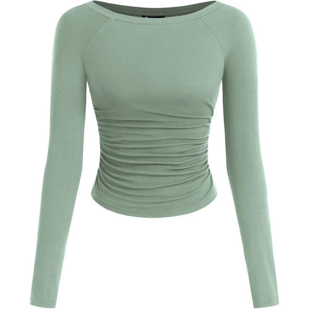 imagePRETTYGARDEN Long Sleeve Shirts for Women 2026 Fall Ruched Sides Boat Neck Basic Tee Casual Fitted Ribbed Knit Crop TopsSage Green