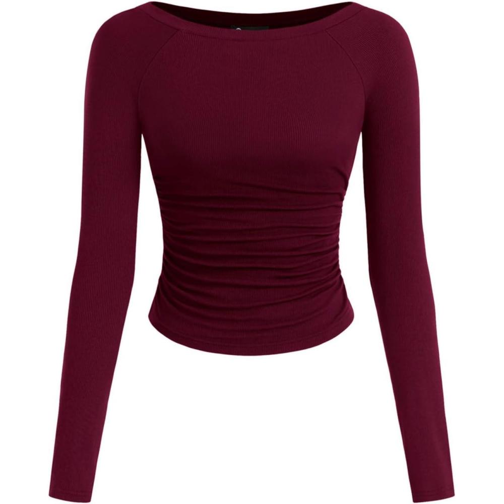 imagePRETTYGARDEN Long Sleeve Shirts for Women 2026 Fall Ruched Sides Boat Neck Basic Tee Casual Fitted Ribbed Knit Crop TopsWine Red