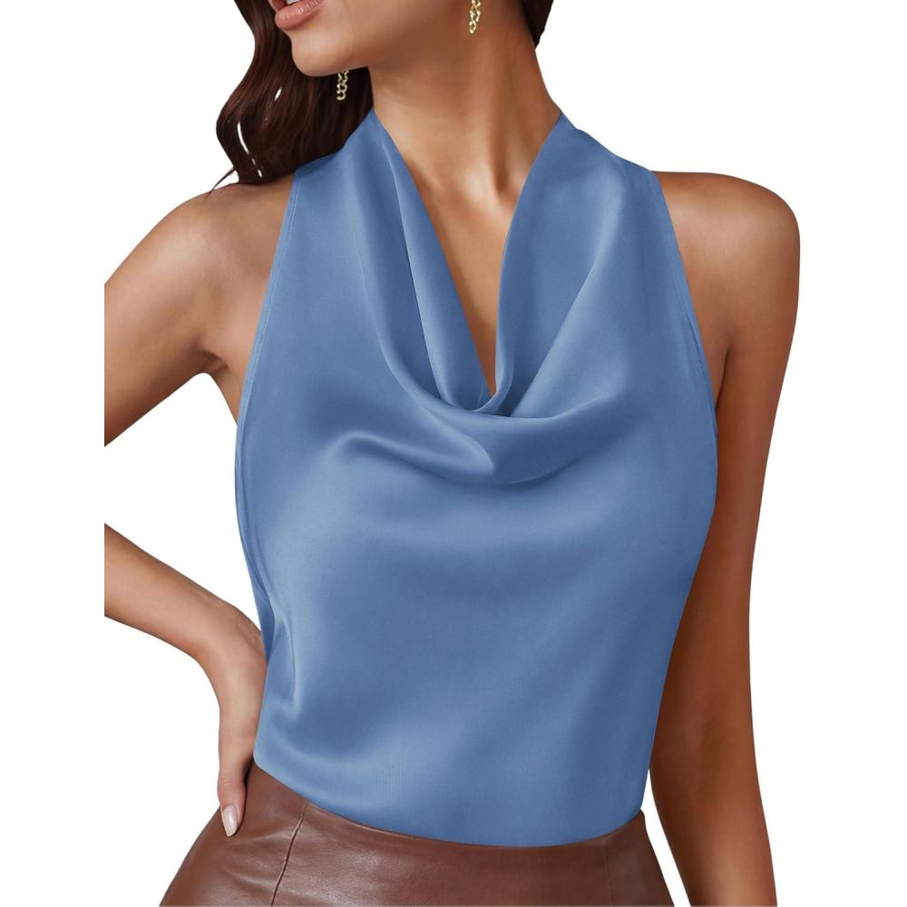 imagePRETTYGARDEN Silk Satin Halter Tops for Women Summer 2026 Cowl Neck Tie Back Going Out Sleeveless Business Casual Tank TopBlue