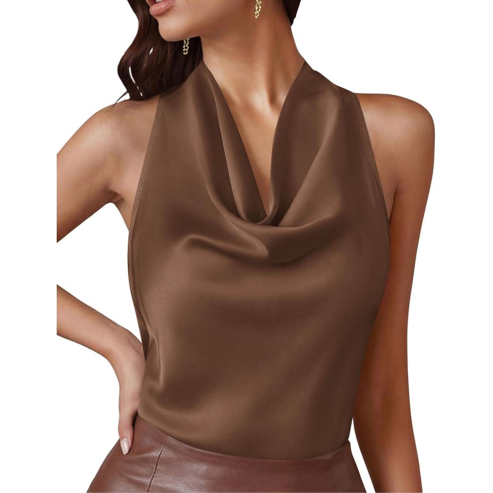 imagePRETTYGARDEN Silk Satin Halter Tops for Women Summer 2026 Cowl Neck Tie Back Going Out Sleeveless Business Casual Tank TopBrown