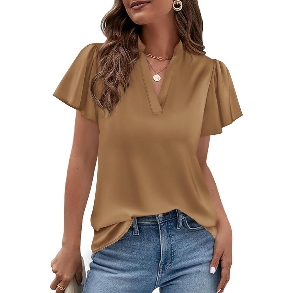 imagePRETTYGARDEN Womens 2026 Summer Satin Blouses Dressy Casual Ruffle Cap Sleeve V Neck Business Work Cute Tops Spring OutfitsChampagne