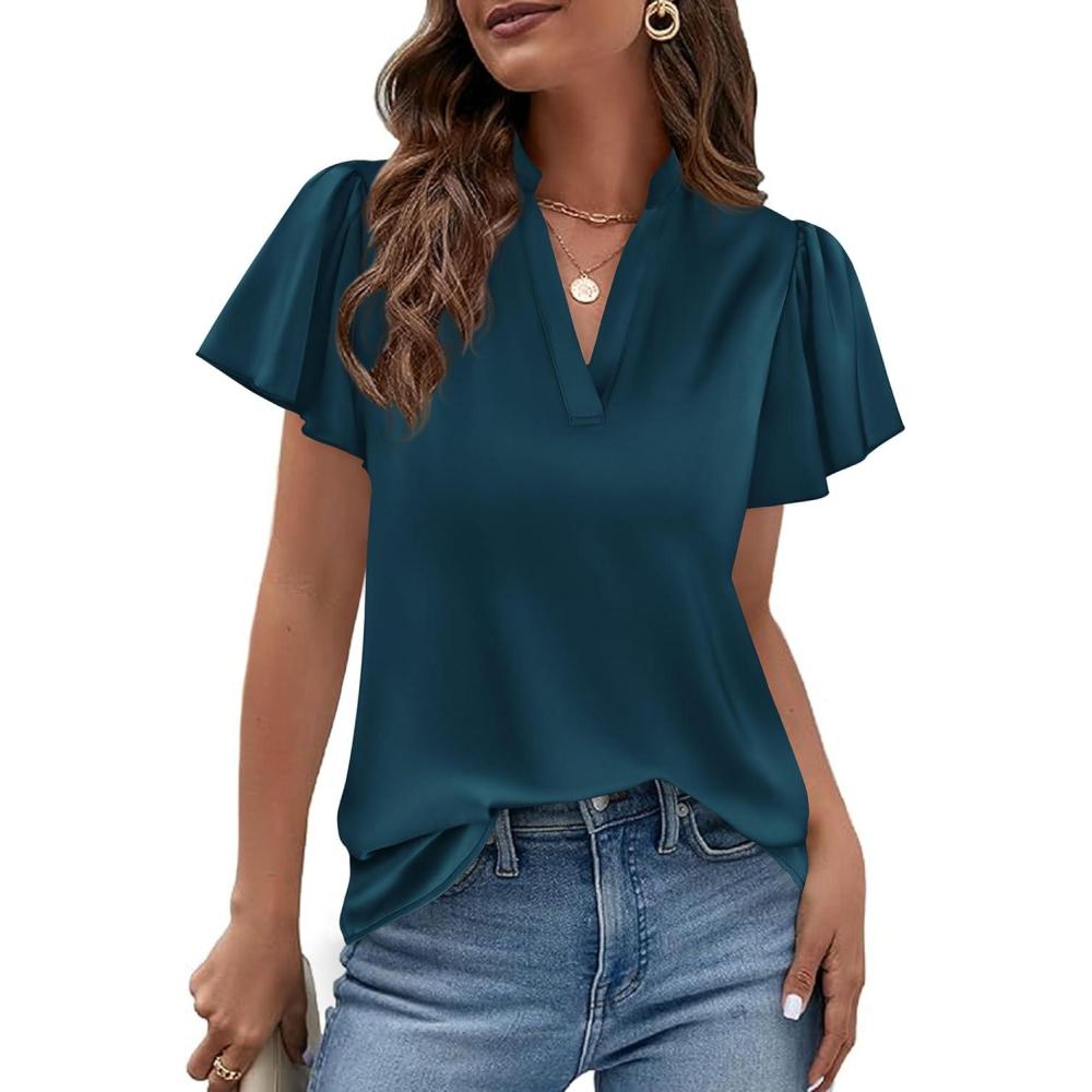 imagePRETTYGARDEN Womens 2026 Summer Satin Blouses Dressy Casual Ruffle Cap Sleeve V Neck Business Work Cute Tops Spring OutfitsDark Blue