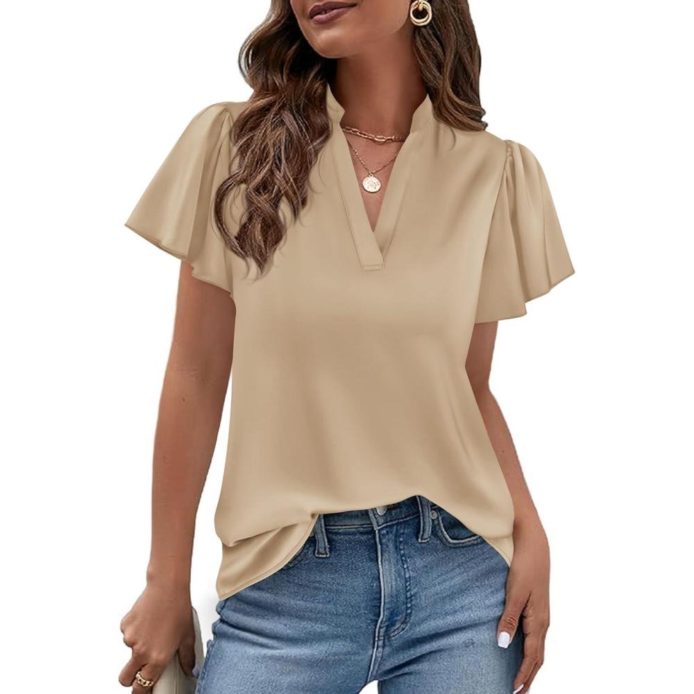 imagePRETTYGARDEN Womens 2026 Summer Satin Blouses Dressy Casual Ruffle Cap Sleeve V Neck Business Work Cute Tops Spring OutfitsLight Khaki