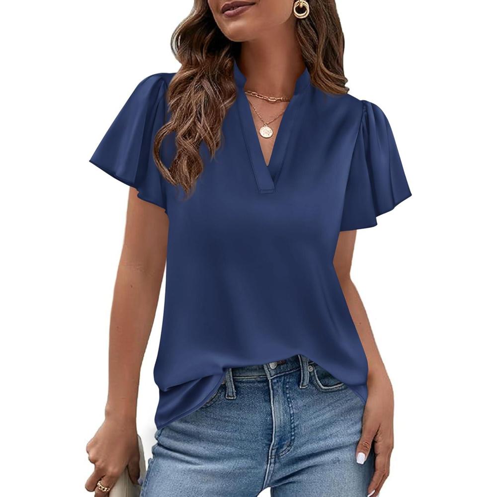 imagePRETTYGARDEN Womens 2026 Summer Satin Blouses Dressy Casual Ruffle Cap Sleeve V Neck Business Work Cute Tops Spring OutfitsNavy Blue