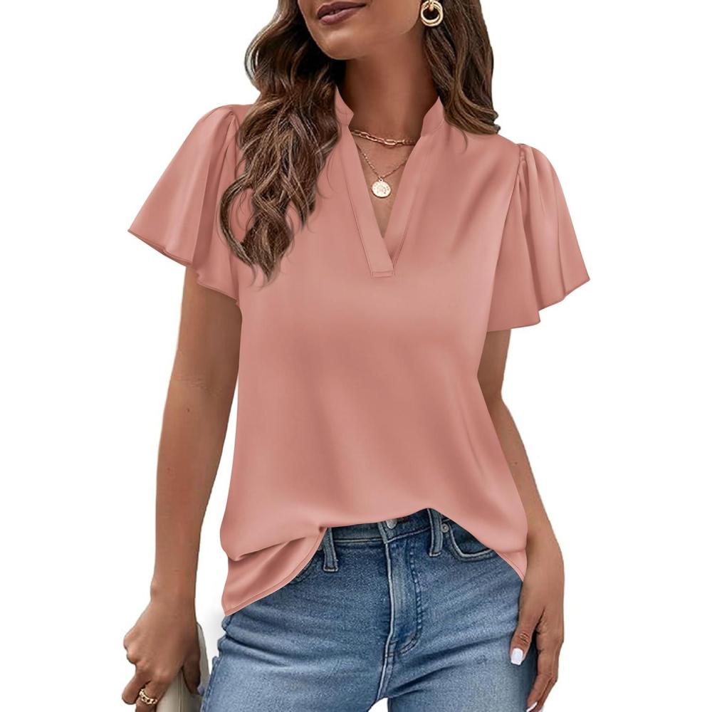 imagePRETTYGARDEN Womens 2026 Summer Satin Blouses Dressy Casual Ruffle Cap Sleeve V Neck Business Work Cute Tops Spring OutfitsPink