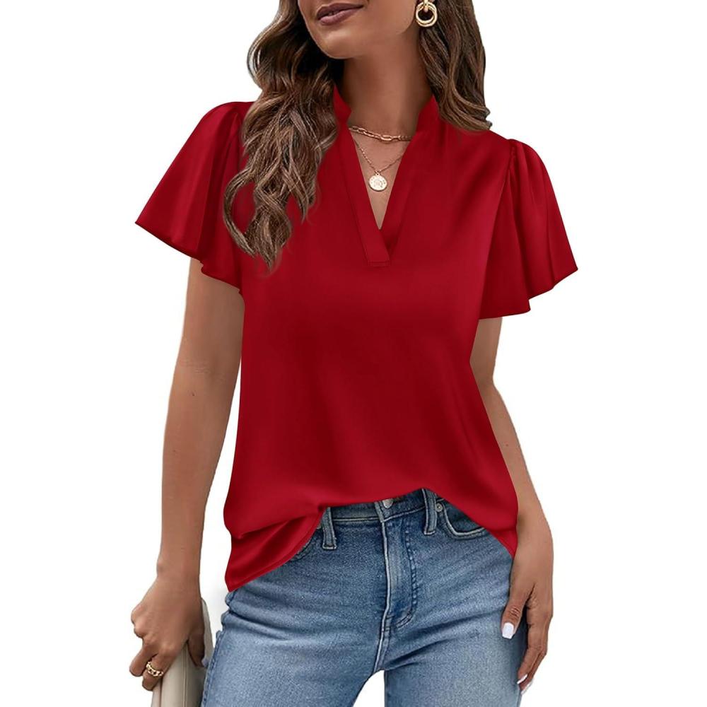 imagePRETTYGARDEN Womens 2026 Summer Satin Blouses Dressy Casual Ruffle Cap Sleeve V Neck Business Work Cute Tops Spring OutfitsRed