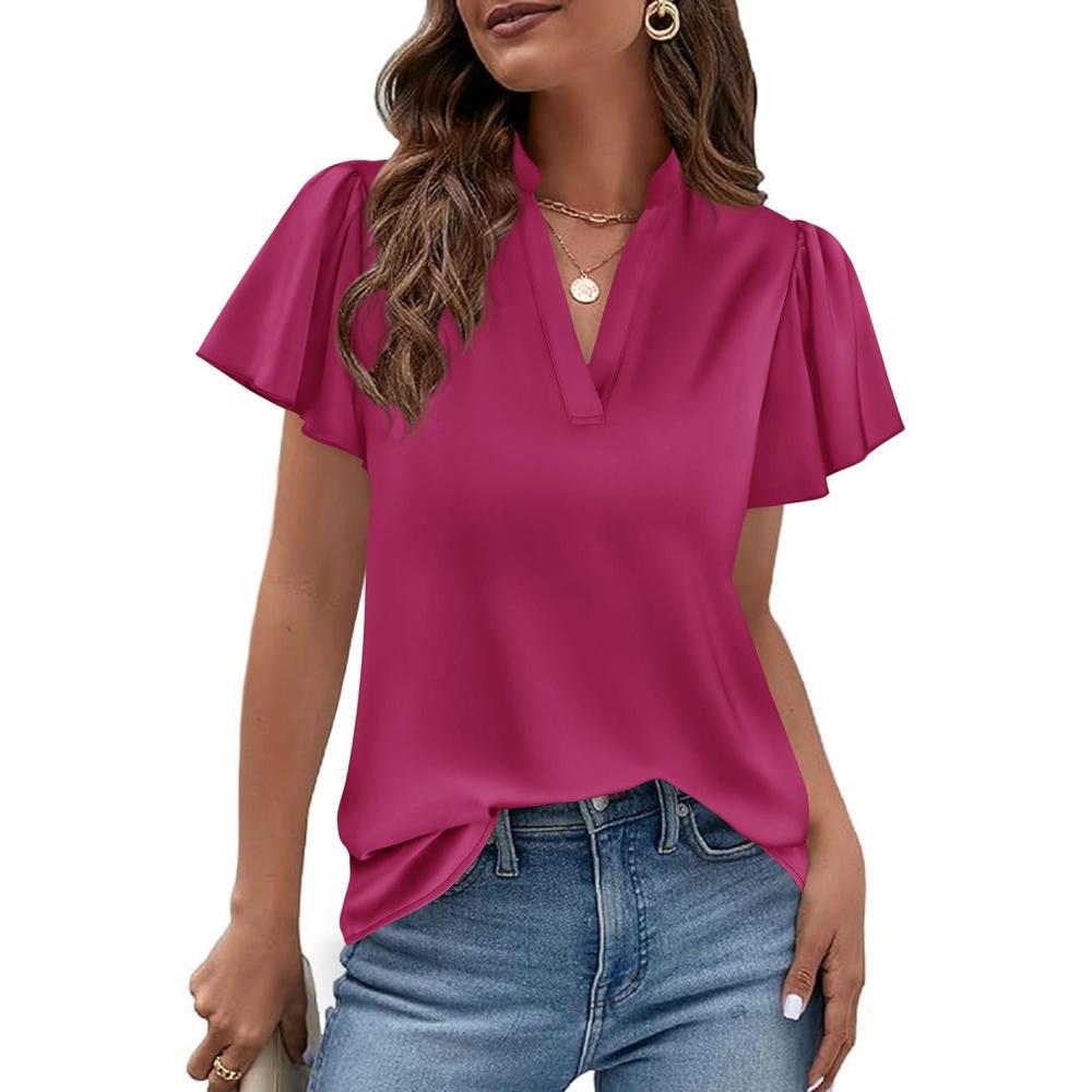 imagePRETTYGARDEN Womens 2026 Summer Satin Blouses Dressy Casual Ruffle Cap Sleeve V Neck Business Work Cute Tops Spring OutfitsRose Purple