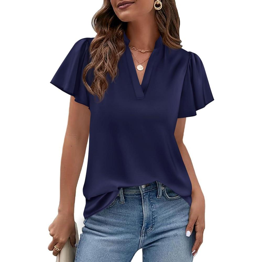 imagePRETTYGARDEN Womens 2026 Summer Satin Blouses Dressy Casual Ruffle Cap Sleeve V Neck Business Work Cute Tops Spring OutfitsRoyal Blue