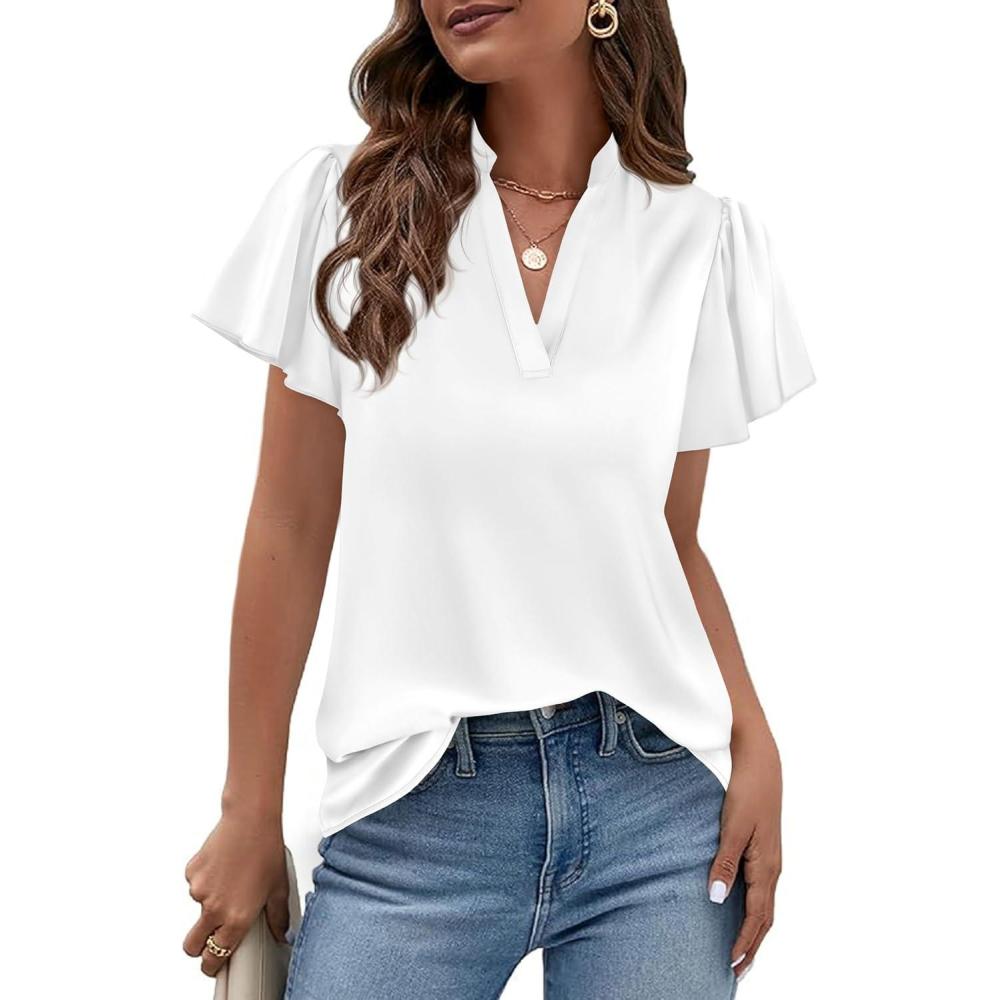 imagePRETTYGARDEN Womens 2026 Summer Satin Blouses Dressy Casual Ruffle Cap Sleeve V Neck Business Work Cute Tops Spring OutfitsWhite