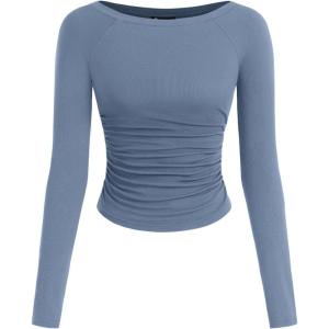 PRETTYGARDEN Long Sleeve Shirts for Women 2026 Fall Ruched Sides Boat Neck Basic Tee Casual Fitted Ribbed Knit Crop Tops(Blue Grey)