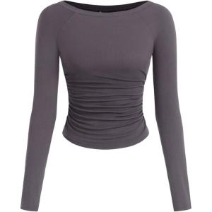 PRETTYGARDEN Long Sleeve Shirts for Women 2026 Fall Ruched Sides Boat Neck Basic Tee Casual Fitted Ribbed Knit Crop Tops(Dark Grey)
