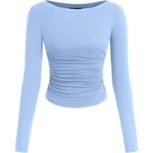 PRETTYGARDEN Long Sleeve Shirts for Women 2026 Fall Ruched Sides Boat Neck Basic Tee Casual Fitted Ribbed Knit Crop Tops(Light Blue)