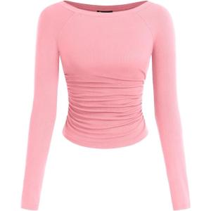 PRETTYGARDEN Long Sleeve Shirts for Women 2026 Fall Ruched Sides Boat Neck Basic Tee Casual Fitted Ribbed Knit Crop Tops(Light Pink)