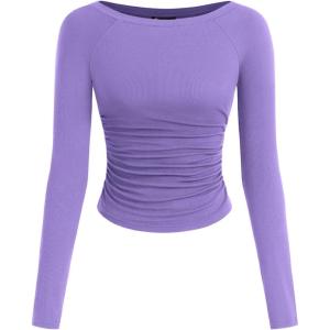 PRETTYGARDEN Long Sleeve Shirts for Women 2026 Fall Ruched Sides Boat Neck Basic Tee Casual Fitted Ribbed Knit Crop Tops(Purple Grey)