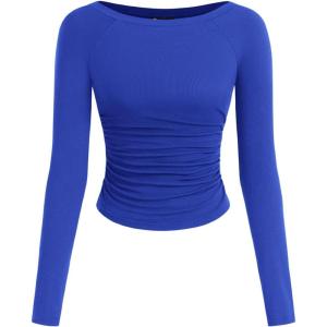 PRETTYGARDEN Long Sleeve Shirts for Women 2026 Fall Ruched Sides Boat Neck Basic Tee Casual Fitted Ribbed Knit Crop Tops(Royal Blue)