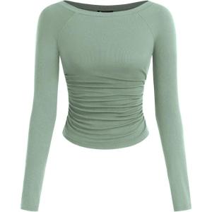 PRETTYGARDEN Long Sleeve Shirts for Women 2026 Fall Ruched Sides Boat Neck Basic Tee Casual Fitted Ribbed Knit Crop Tops(Sage Green)