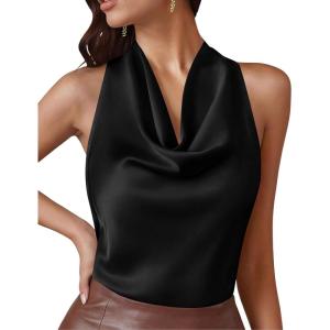 PRETTYGARDEN Silk Satin Halter Tops for Women Summer 2026 Cowl Neck Tie Back Going Out Sleeveless Business Casual Tank Top(Black)