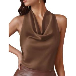 PRETTYGARDEN Silk Satin Halter Tops for Women Summer 2026 Cowl Neck Tie Back Going Out Sleeveless Business Casual Tank Top(Brown)