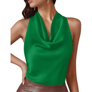 PRETTYGARDEN Silk Satin Halter Tops for Women Summer 2026 Cowl Neck Tie Back Going Out Sleeveless Business Casual Tank Top(Green)