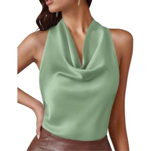 PRETTYGARDEN Silk Satin Halter Tops for Women Summer 2026 Cowl Neck Tie Back Going Out Sleeveless Business Casual Tank Top(Light Green)