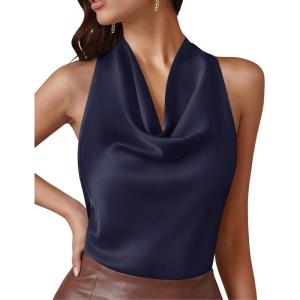 PRETTYGARDEN Silk Satin Halter Tops for Women Summer 2026 Cowl Neck Tie Back Going Out Sleeveless Business Casual Tank Top(Navy)