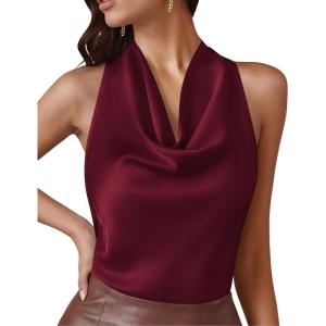 PRETTYGARDEN Silk Satin Halter Tops for Women Summer 2026 Cowl Neck Tie Back Going Out Sleeveless Business Casual Tank Top(Wine Red)