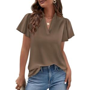 PRETTYGARDEN Women’s 2026 Summer Satin Blouses Dressy Casual Ruffle Cap Sleeve V Neck Business Work Cute Tops Spring Outfits(Brown)