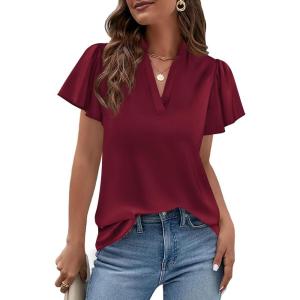 PRETTYGARDEN Women’s 2026 Summer Satin Blouses Dressy Casual Ruffle Cap Sleeve V Neck Business Work Cute Tops Spring Outfits(Burgundy)