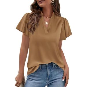 PRETTYGARDEN Women’s 2026 Summer Satin Blouses Dressy Casual Ruffle Cap Sleeve V Neck Business Work Cute Tops Spring Outfits(Champagne)