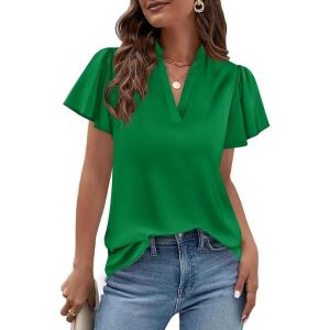 PRETTYGARDEN Women’s 2026 Summer Satin Blouses Dressy Casual Ruffle Cap Sleeve V Neck Business Work Cute Tops Spring Outfits(Green)
