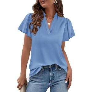 PRETTYGARDEN Women’s 2026 Summer Satin Blouses Dressy Casual Ruffle Cap Sleeve V Neck Business Work Cute Tops Spring Outfits(Light Blue)