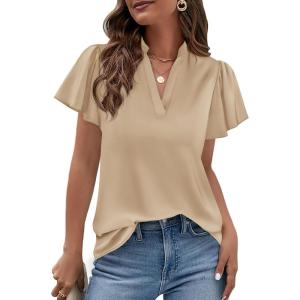 PRETTYGARDEN Women’s 2026 Summer Satin Blouses Dressy Casual Ruffle Cap Sleeve V Neck Business Work Cute Tops Spring Outfits(Light Khaki)