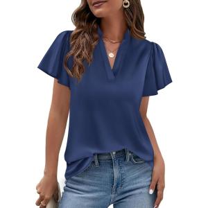 PRETTYGARDEN Women’s 2026 Summer Satin Blouses Dressy Casual Ruffle Cap Sleeve V Neck Business Work Cute Tops Spring Outfits(Navy Blue)