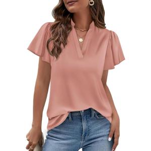 PRETTYGARDEN Women’s 2026 Summer Satin Blouses Dressy Casual Ruffle Cap Sleeve V Neck Business Work Cute Tops Spring Outfits(Pink)