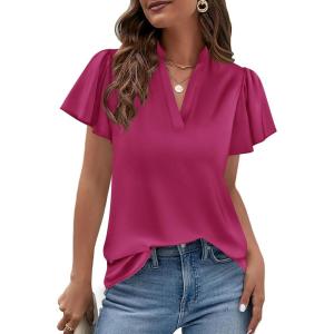 PRETTYGARDEN Women’s 2026 Summer Satin Blouses Dressy Casual Ruffle Cap Sleeve V Neck Business Work Cute Tops Spring Outfits(Rose Purple)