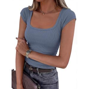PRETTYGARDEN Womens Cap Sleeve T Shirts 2026 Square Neck Basic Tees Slim Fit Ribbed Knit Spring Going Out Tops Summer Clothes(Blue Grey)