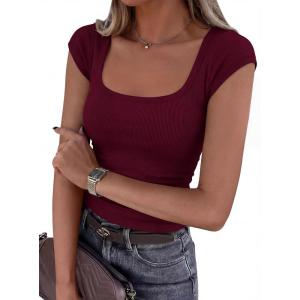 PRETTYGARDEN Womens Cap Sleeve T Shirts 2026 Square Neck Basic Tees Slim Fit Ribbed Knit Spring Going Out Tops Summer Clothes(Wine Red)