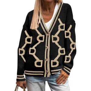 PRETTYGARDEN Women’s Spring Fall Chunky Knit Cardigan Sweaters Casual Open Front Button Up Winter Coats Outerwear(Black Apricot)