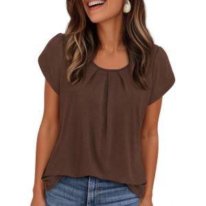 PRETTYGARDEN Womens Tops Dressy Casual Summer 2026 Short Sleeve Blouses Crew Neck Pleated Basic T Shirts Spring Clothes(Brown)