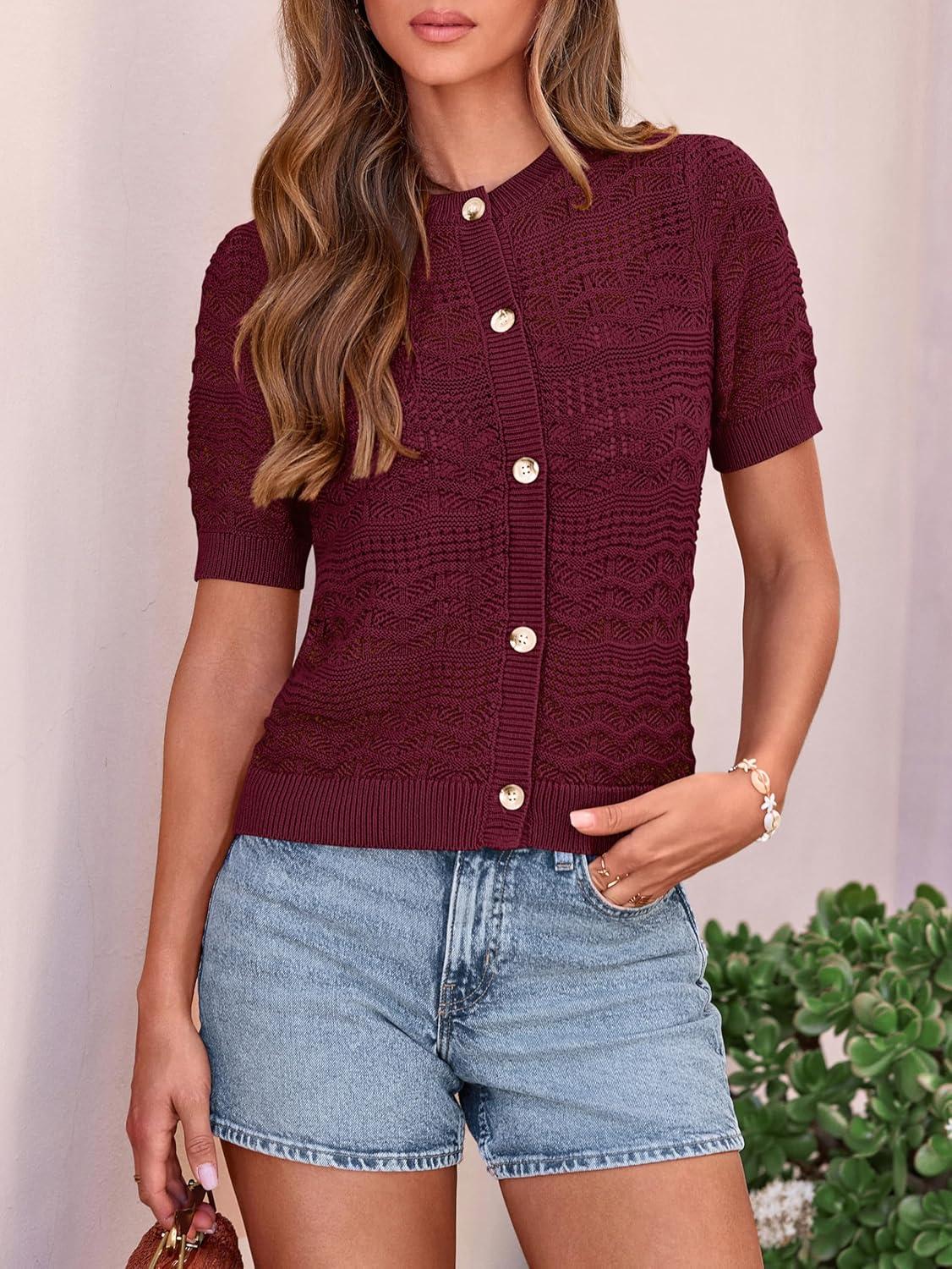 imagePRETTYGARDEN Women Summer Crochet Puff Short Sleeve Cardigan Lightweight Spring Cropped Button Up Beach Knit Sweater TopsBurgundy