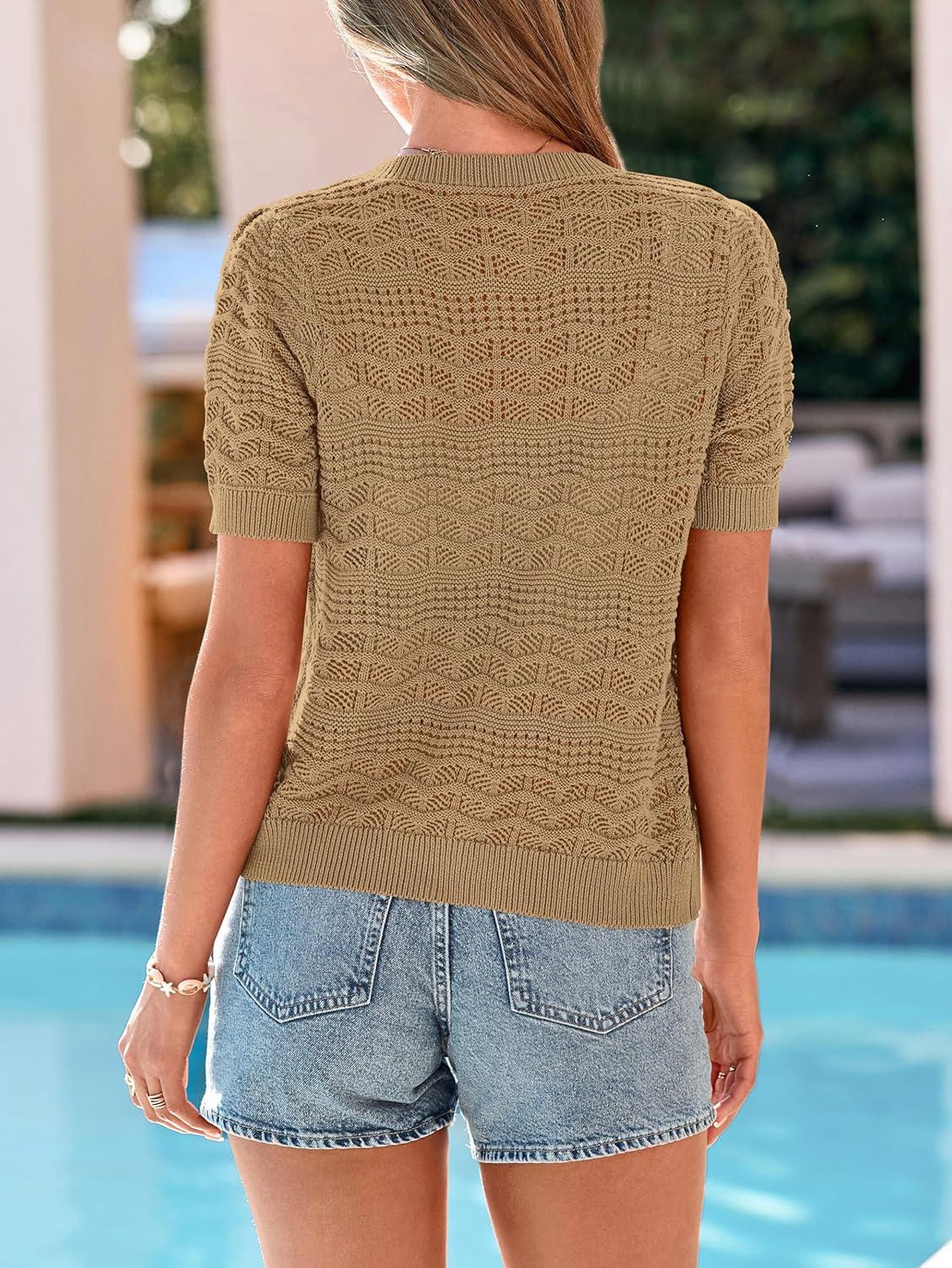 imagePRETTYGARDEN Women Summer Crochet Puff Short Sleeve Cardigan Lightweight Spring Cropped Button Up Beach Knit Sweater TopsKhaki
