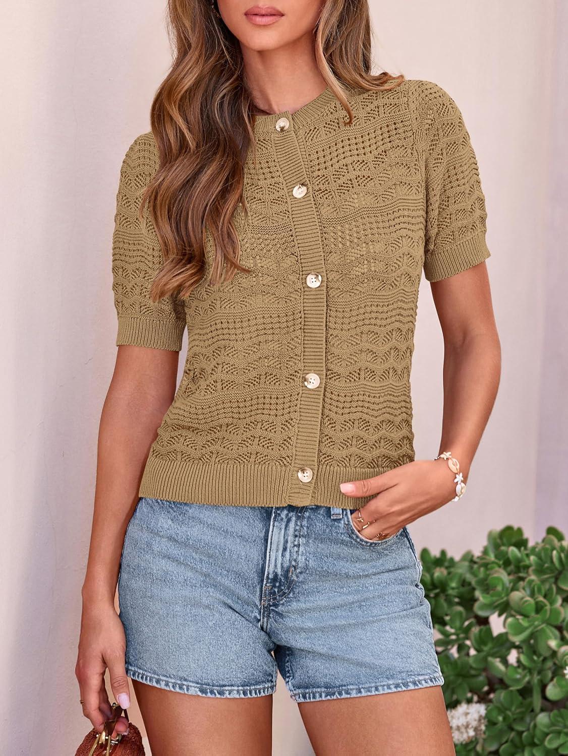 imagePRETTYGARDEN Women Summer Crochet Puff Short Sleeve Cardigan Lightweight Spring Cropped Button Up Beach Knit Sweater TopsKhaki