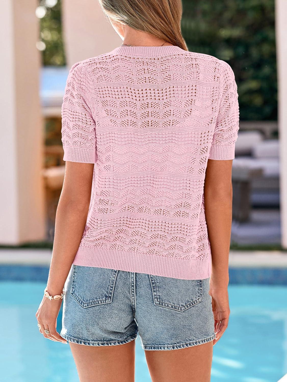 imagePRETTYGARDEN Women Summer Crochet Puff Short Sleeve Cardigan Lightweight Spring Cropped Button Up Beach Knit Sweater TopsPink