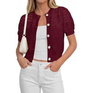 PRETTYGARDEN Women Summer Crochet Puff Short Sleeve Cardigan Lightweight Spring Cropped Button Up Beach Knit Sweater Tops(Burgundy)